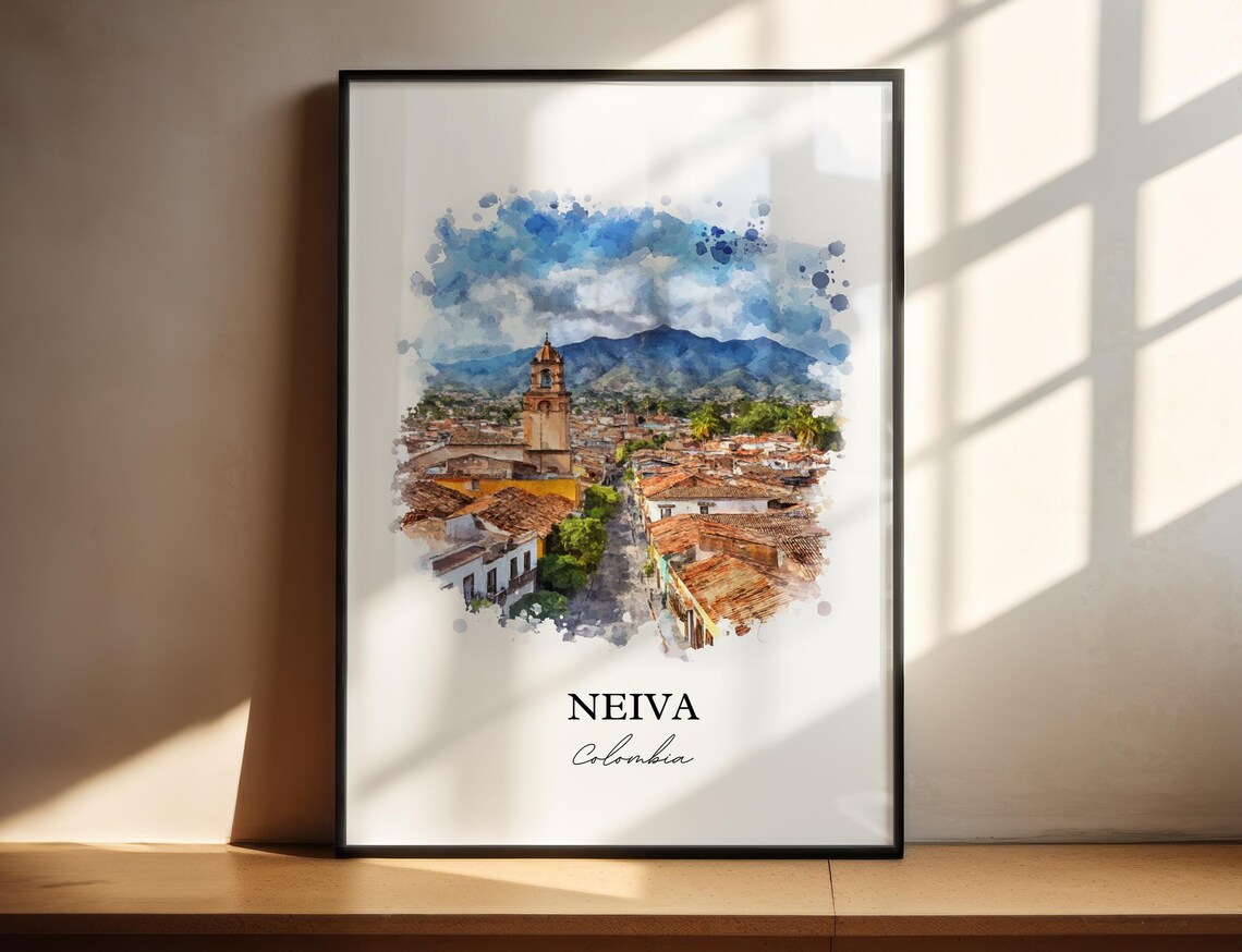 Neiva Colombia Watercolor Church Tower Rooftops Mountain Poster