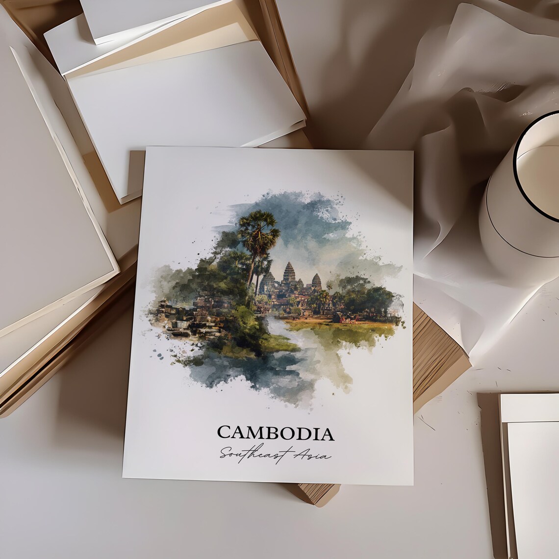 Cambodia Southeast Asia Ancient Temple Ruins Watercolor Travel Poster - Image 3