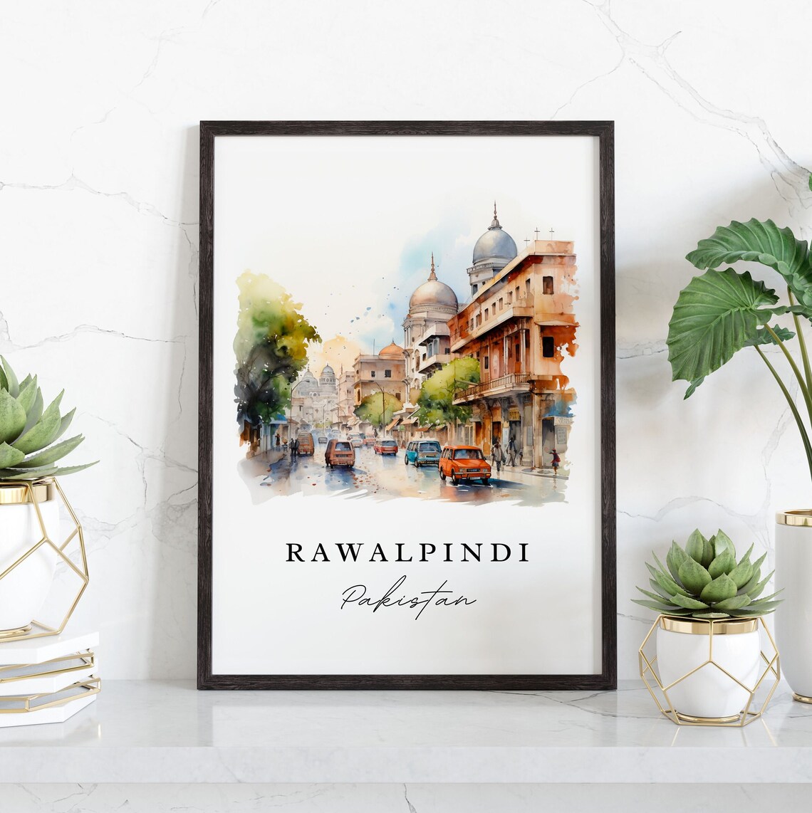Rawalpindi Pakistan Watercolor City Street Domed Buildings Poster - Image 3