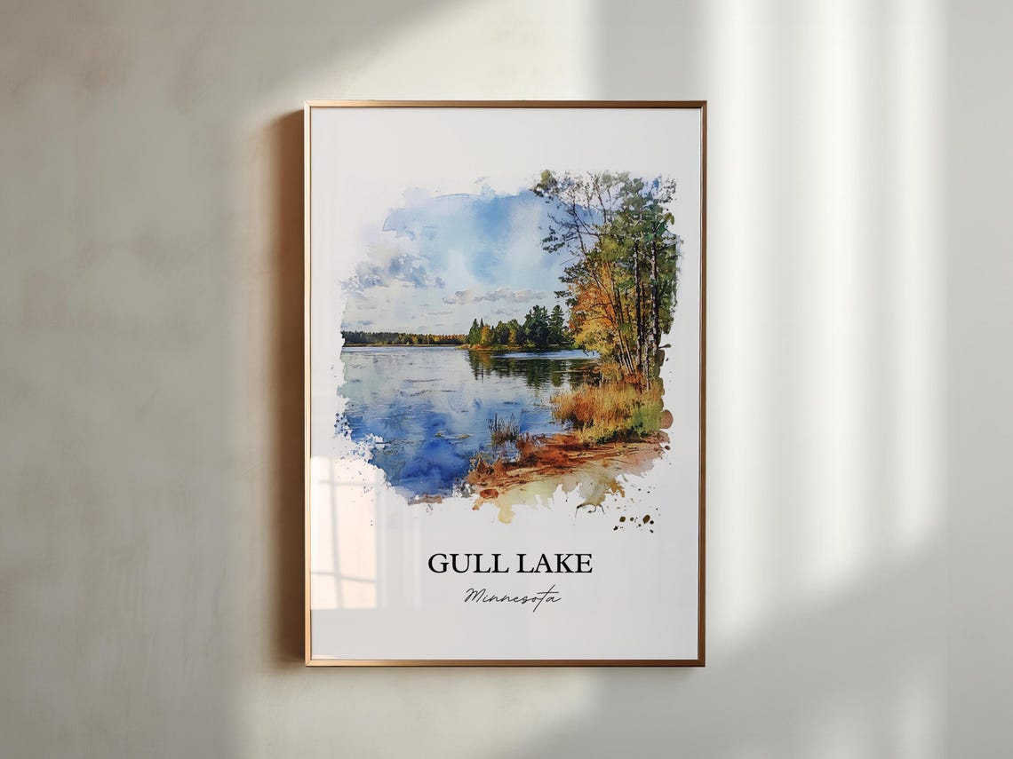 Gull Lake Minnesota Tranquil Lakeshore Birch Watercolor Poster - Image 5