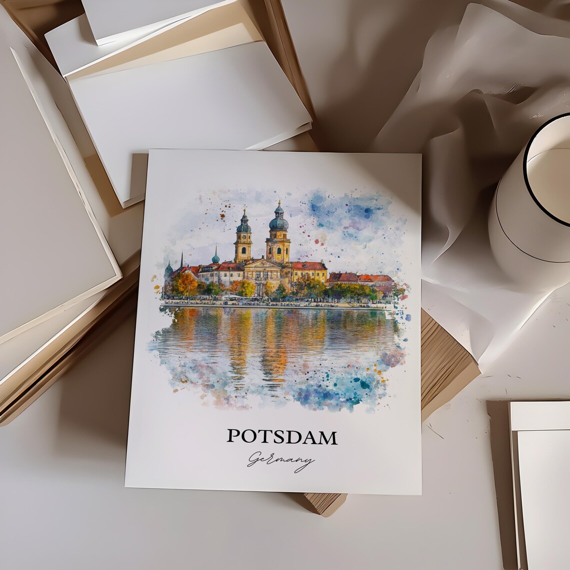 Potsdam Germany Lakeside Church Autumn Watercolor Travel Poster - Image 3