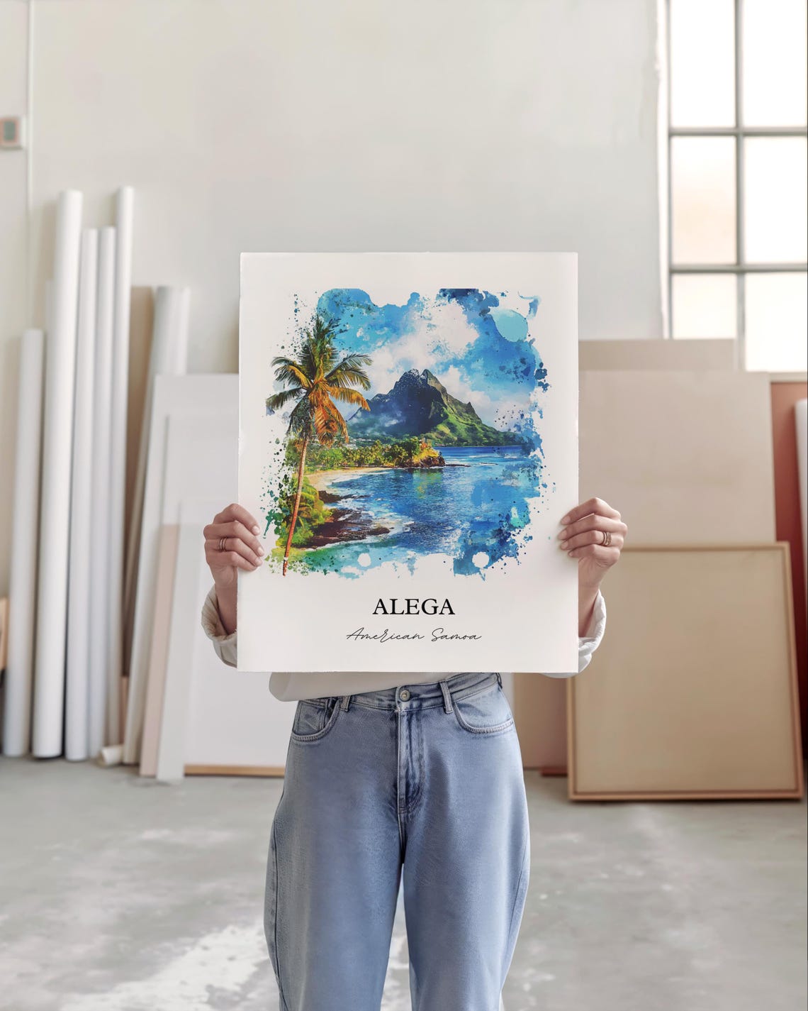 Alega American Samoa Volcanic Peak Palm Beach Watercolor Poster - Image 4