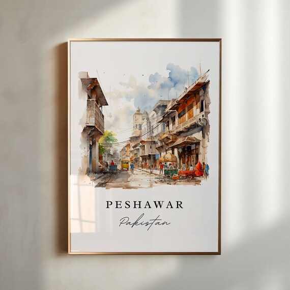 Peshawar Pakistan Watercolor Old City Bazaar Street Scene Poster