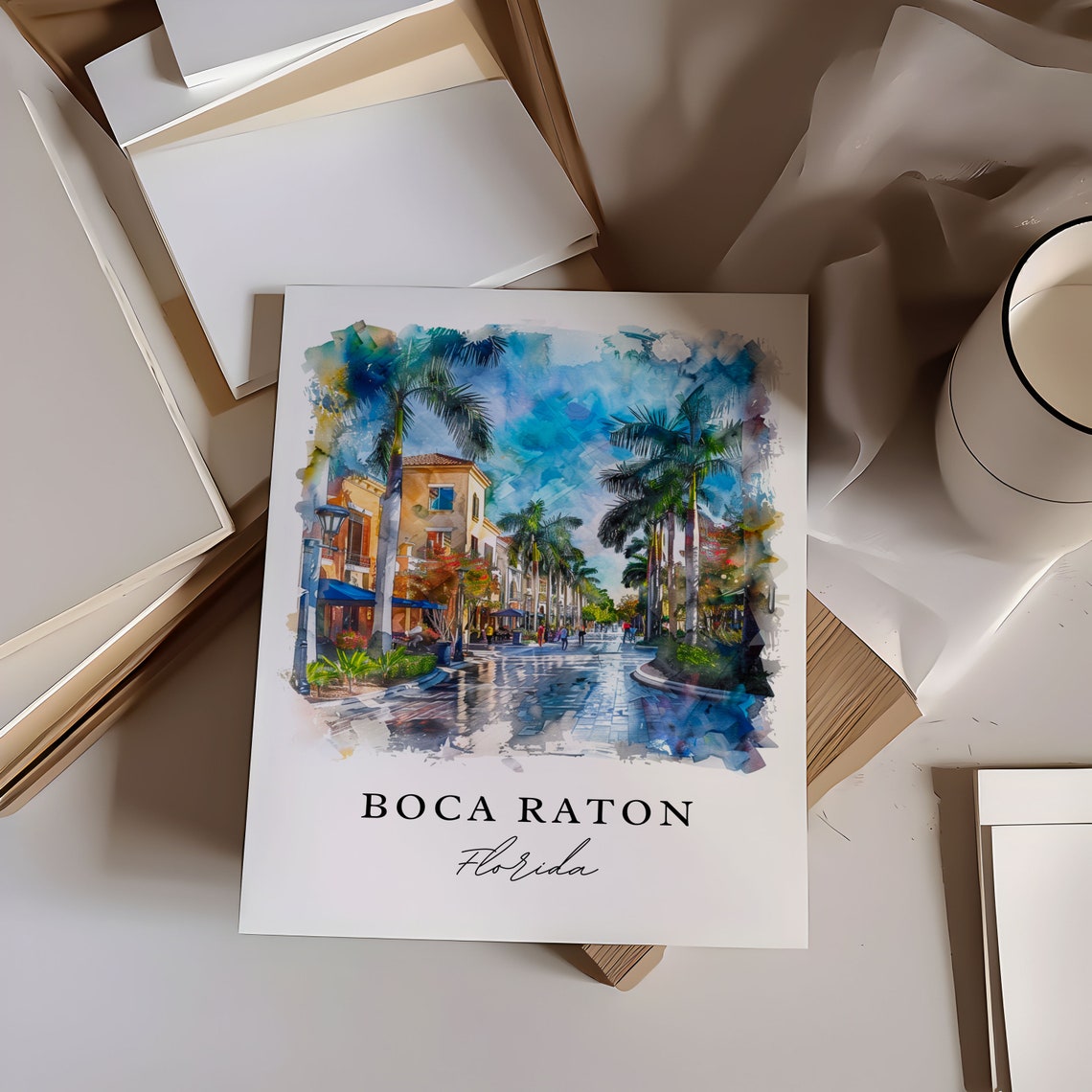 Boca Raton Florida Watercolor Palm Lined Street Travel Poster - Image 5