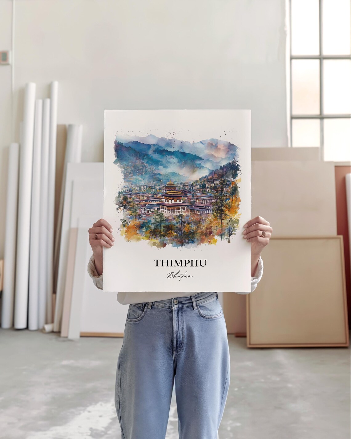 Thimphu Bhutan Watercolor Capital City Valley Dzong View Poster - Image 4