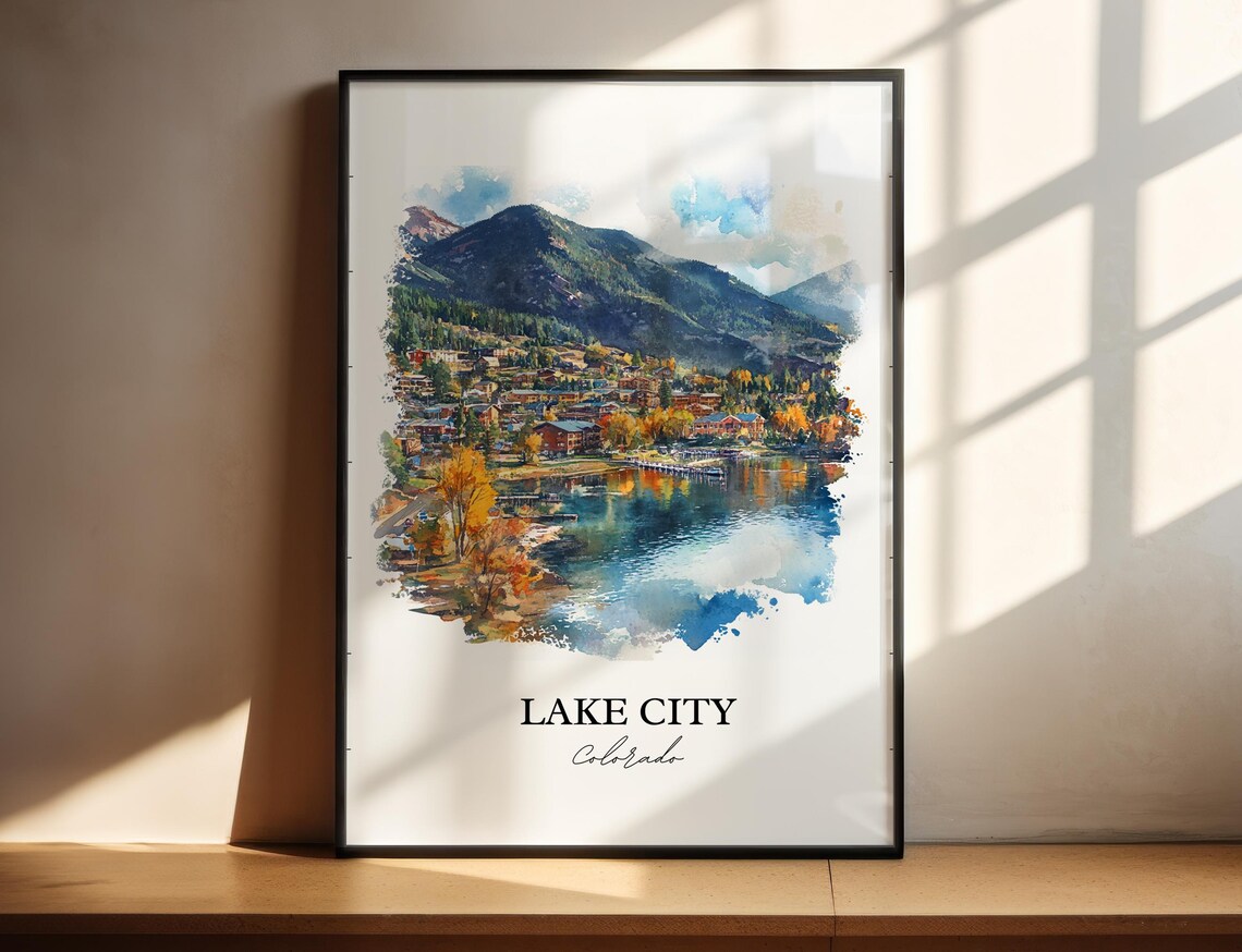 Lake City Colorado Watercolor Fall Lake Town Scene Art Poster