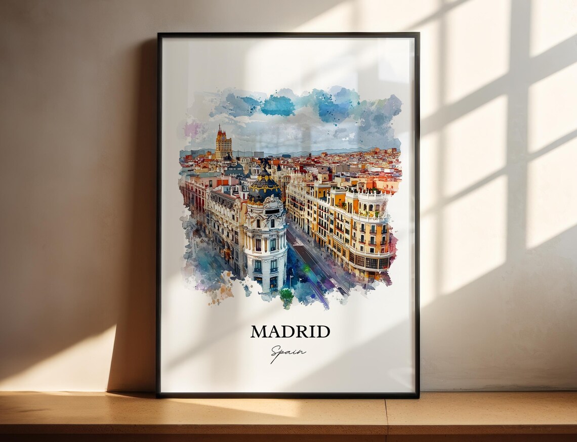 Madrid Spain Gran Via Cityscape Watercolor European Travel Poster