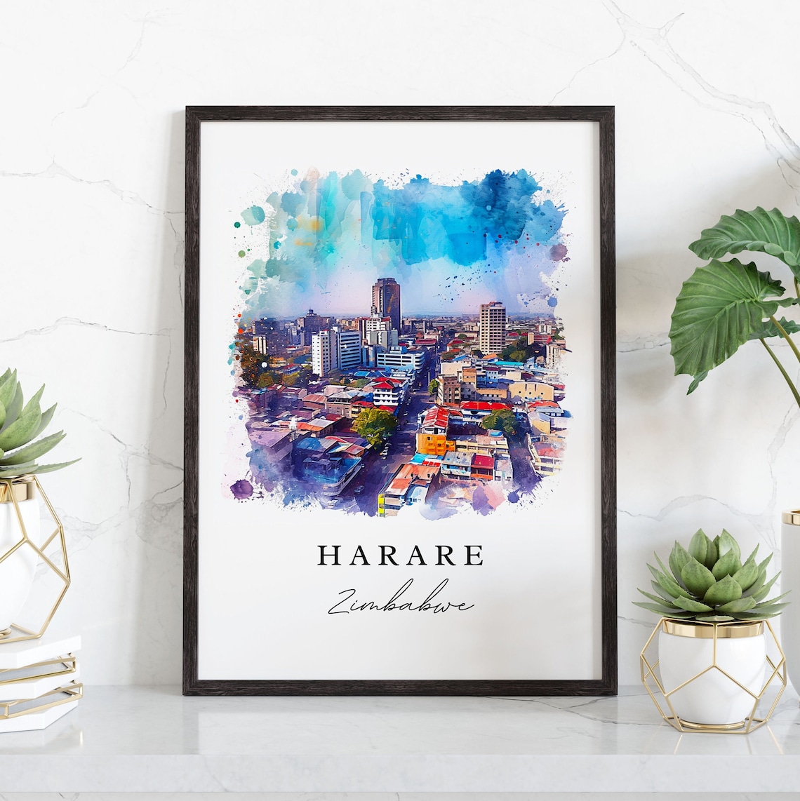 Harare Zimbabwe Watercolor City Skyline Modern Travel Poster - Image 4