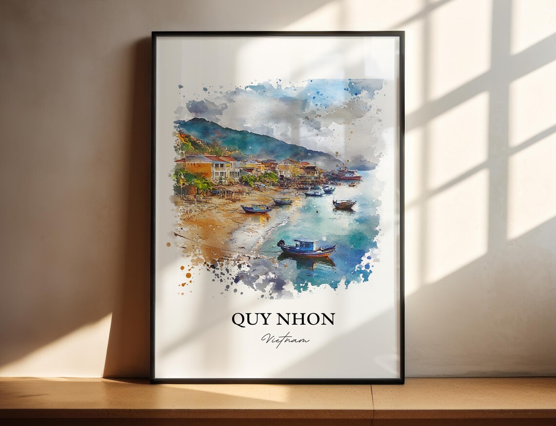 Quy Nhon Vietnam Watercolor Art Fishing Boats Sandy Beach Poster