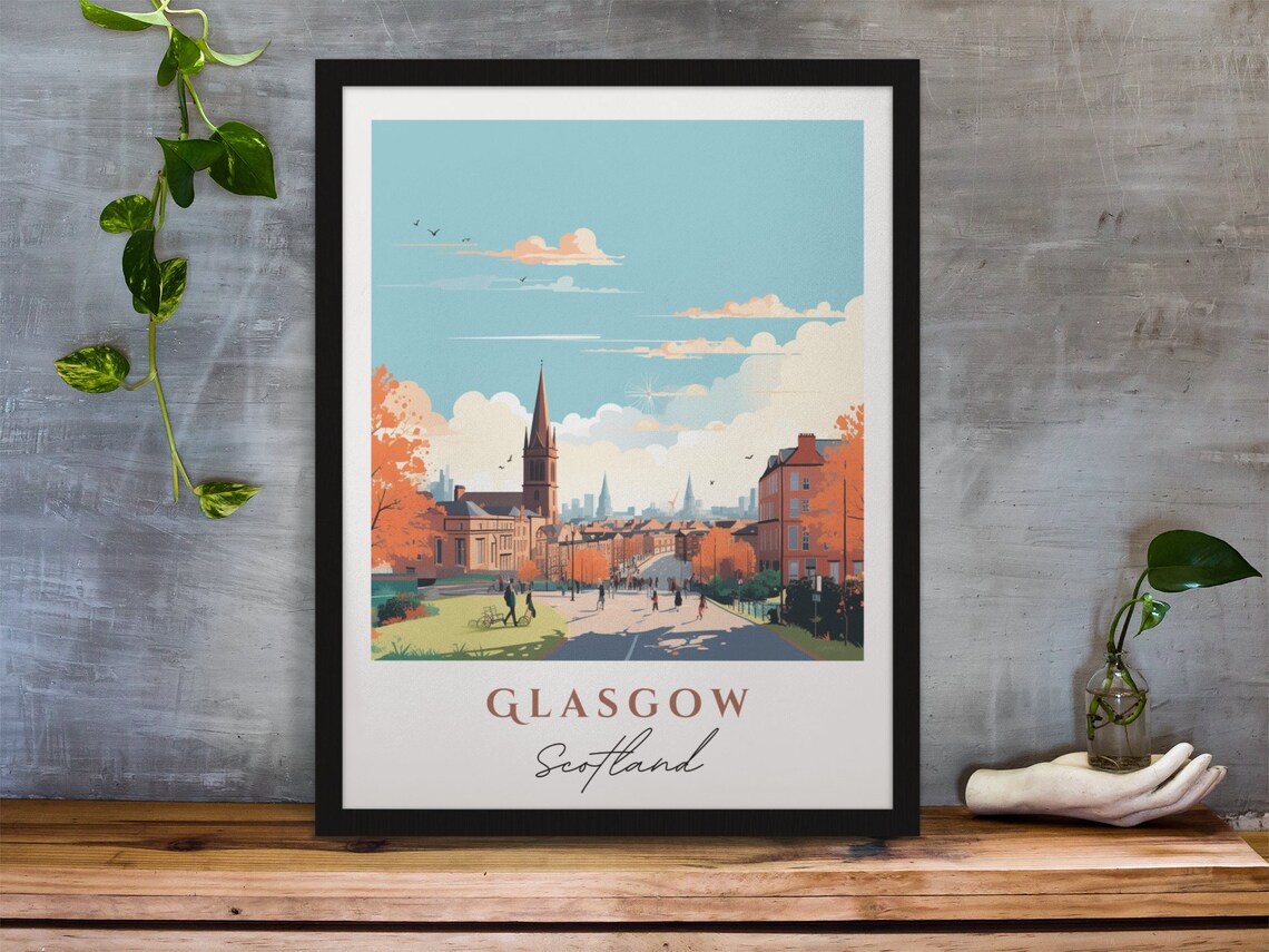 Glasgow Scotland Autumn Street City Skyline Vintage Style Poster - Image 3