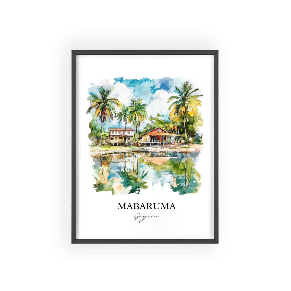 Mabaruma Guyana Watercolor Riverside Houses Palms Scene Poster - Image 2