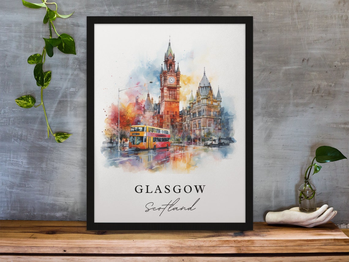Glasgow Scotland City Chambers Clock Tower Watercolor Poster