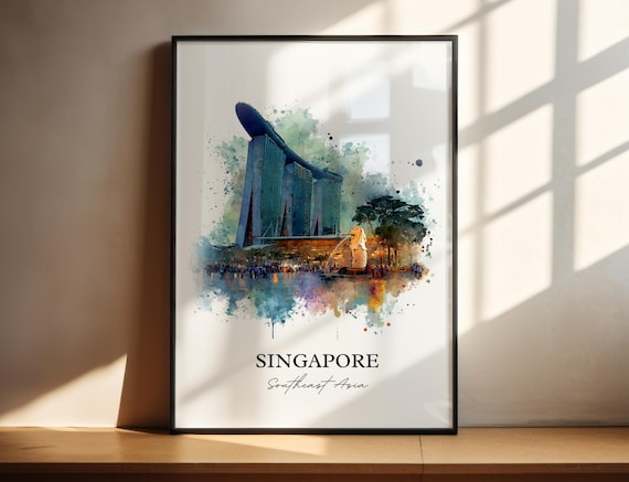 Singapore Watercolor Art Iconic Marina Bay Merlion Skyline Poster