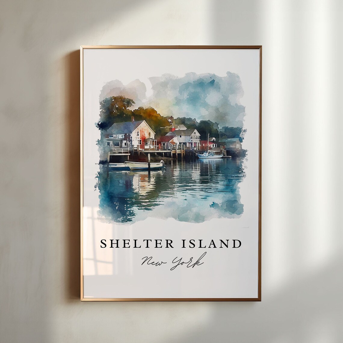Shelter Island New York Watercolor Harbor Boats Waterfront Poster