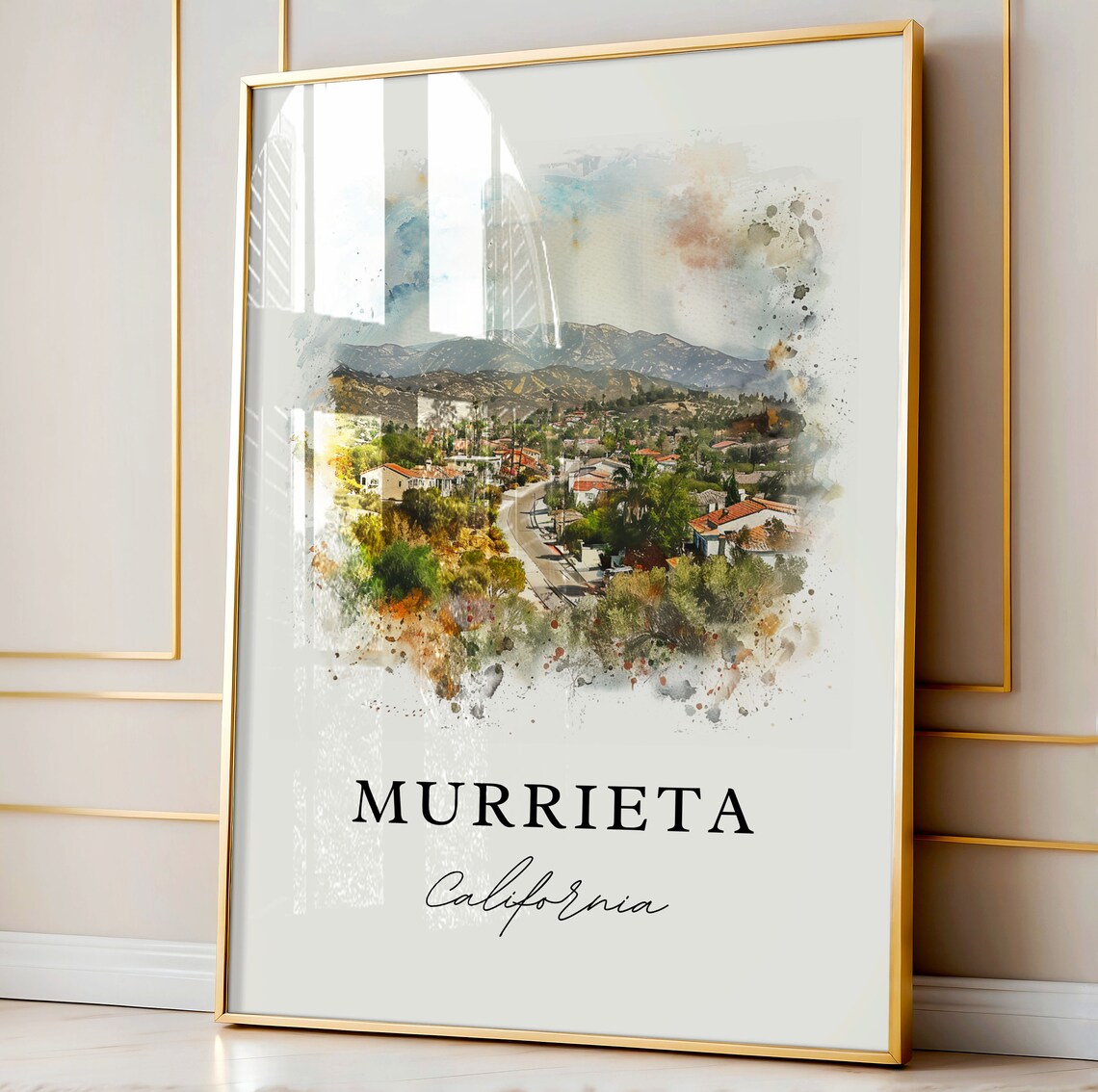 Murrieta California Watercolor Hillside Town Valley Scene Poster - Image 4