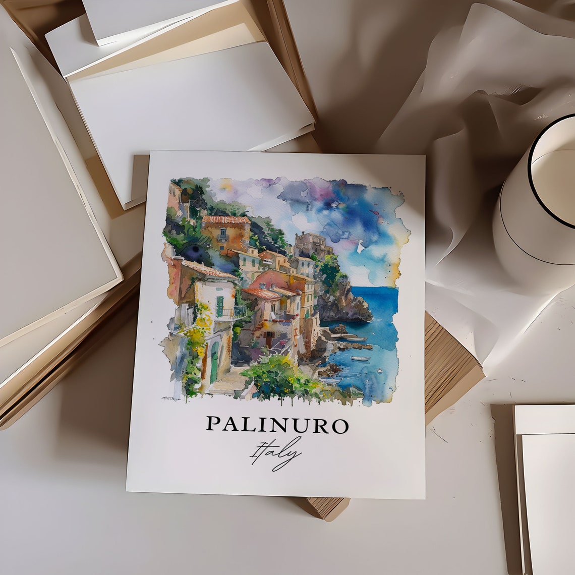 Palinuro Italy Cliffside Coastal Village Watercolor Sea Poster - Image 6