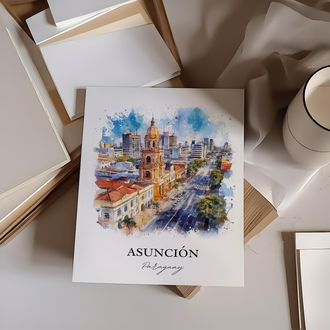 Asuncion Paraguay Watercolor City Skyline Cathedral View Poster - Image 3