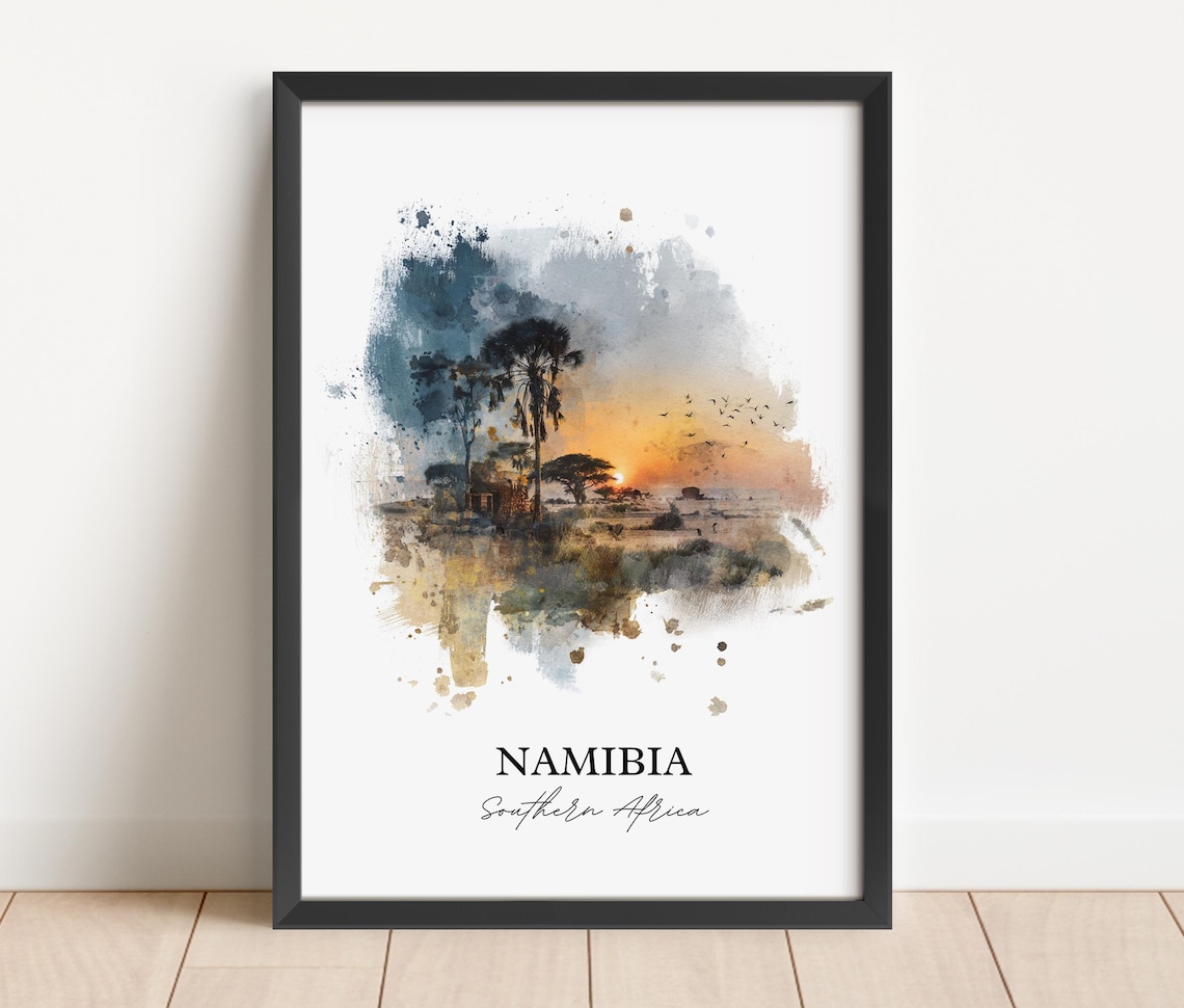 Namibia Southern Africa Savanna Sunset Scene Watercolor Poster - Image 2