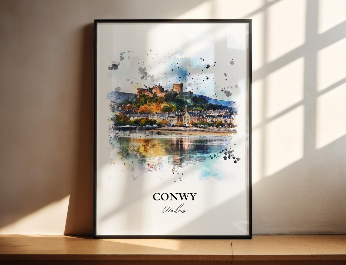 Conwy Wales Watercolor Castle Hilltop Town Harbor Reflection Poster