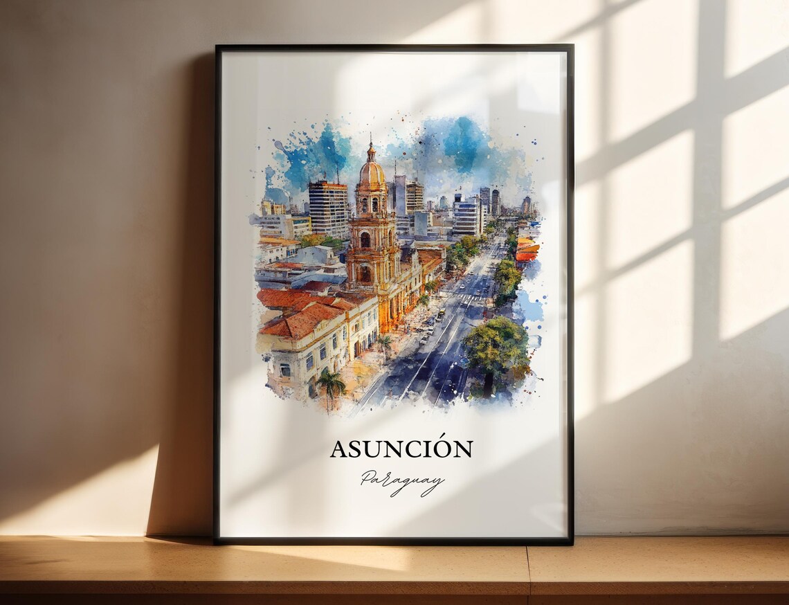 Asuncion Paraguay Watercolor City Skyline Cathedral View Poster - Image 2