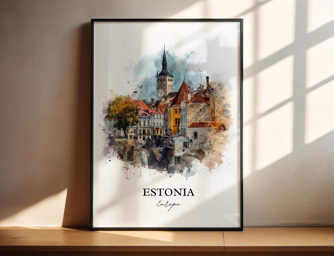Estonia Tallinn Old Town Tower Watercolor Europe Travel Poster