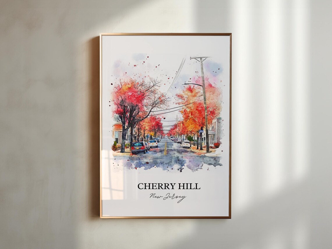 Cherry Hill New Jersey Watercolor Autumn Street Red Foliage Travel Poster - Image 3