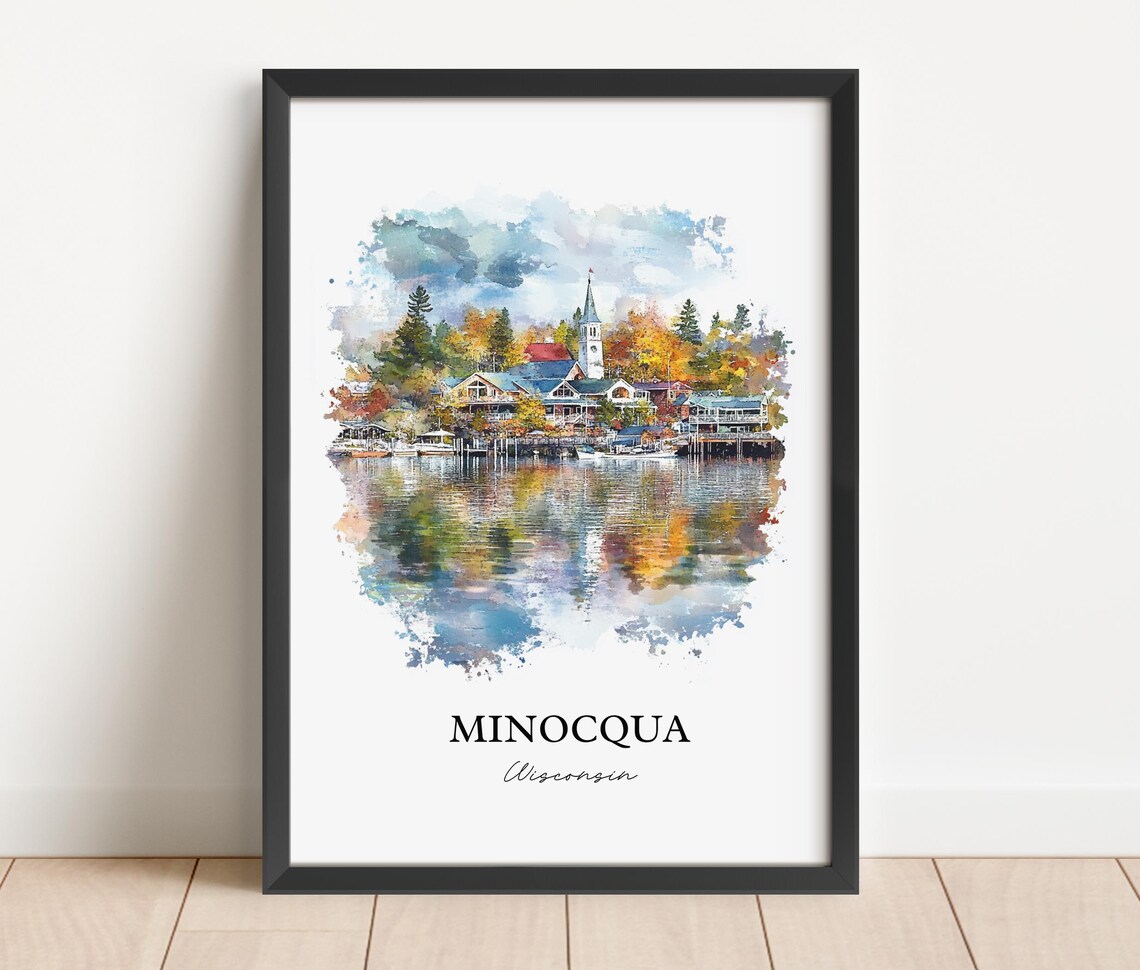 Minocqua Wisconsin Watercolor Lakeside Village Church Steeple Poster - Image 2