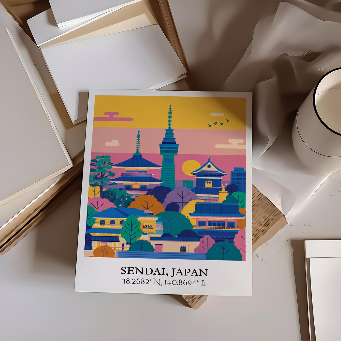 Sendai Japan Temple Pagoda Tower Golden Sunset Retro Travel Poster - Image 5