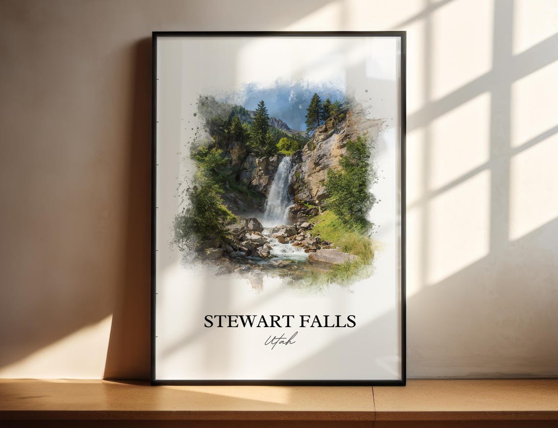 Stewart Falls Utah Watercolor Waterfall Cliffs Pine Trees Poster