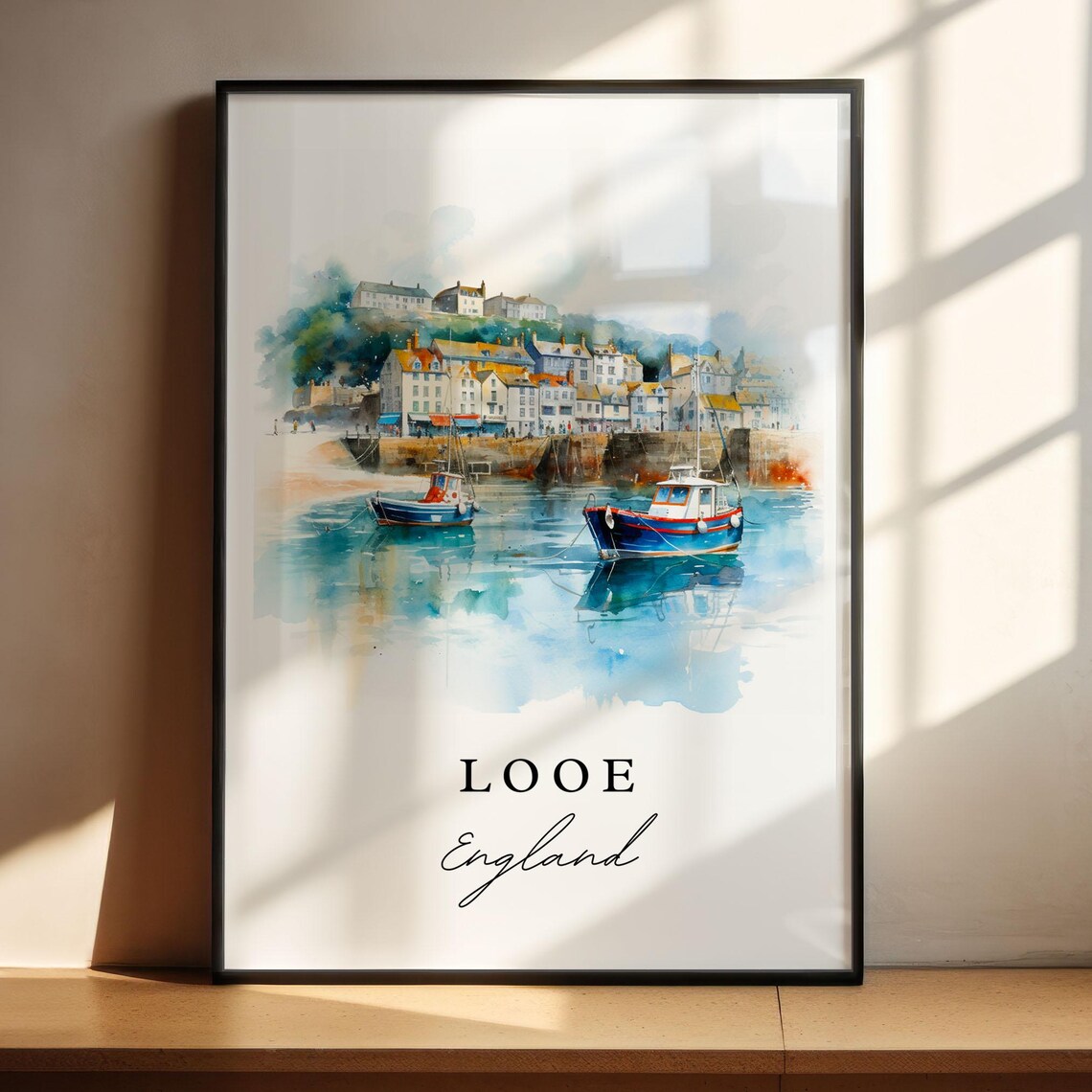 Looe England Fishing Harbor Boats Watercolor Coastal Travel Poster