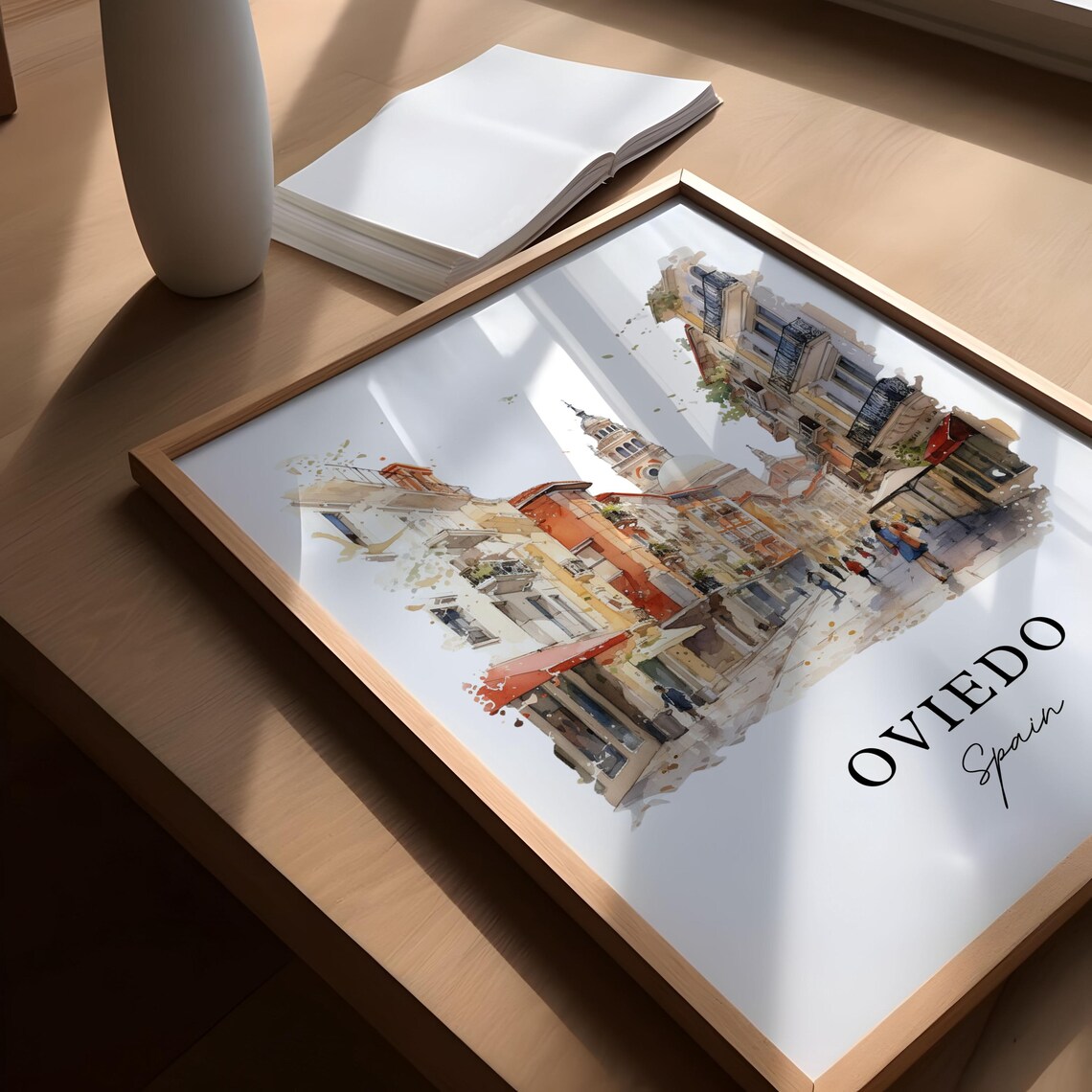 Oviedo Spain Old Town Street Cathedral Watercolor Travel Poster - Image 4
