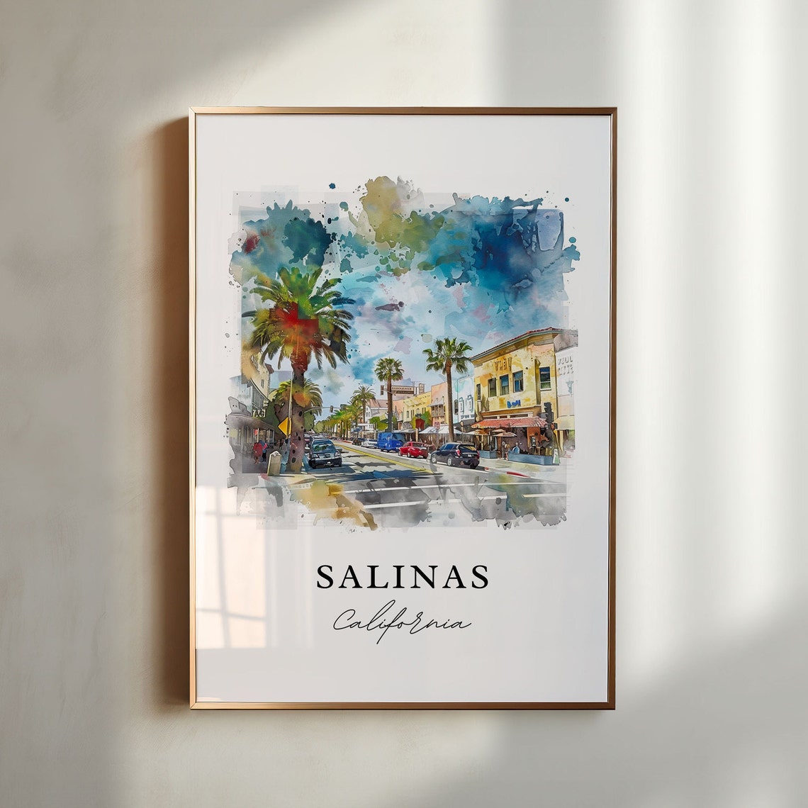 Salinas California Charming Palm Lined Street Watercolor Poster