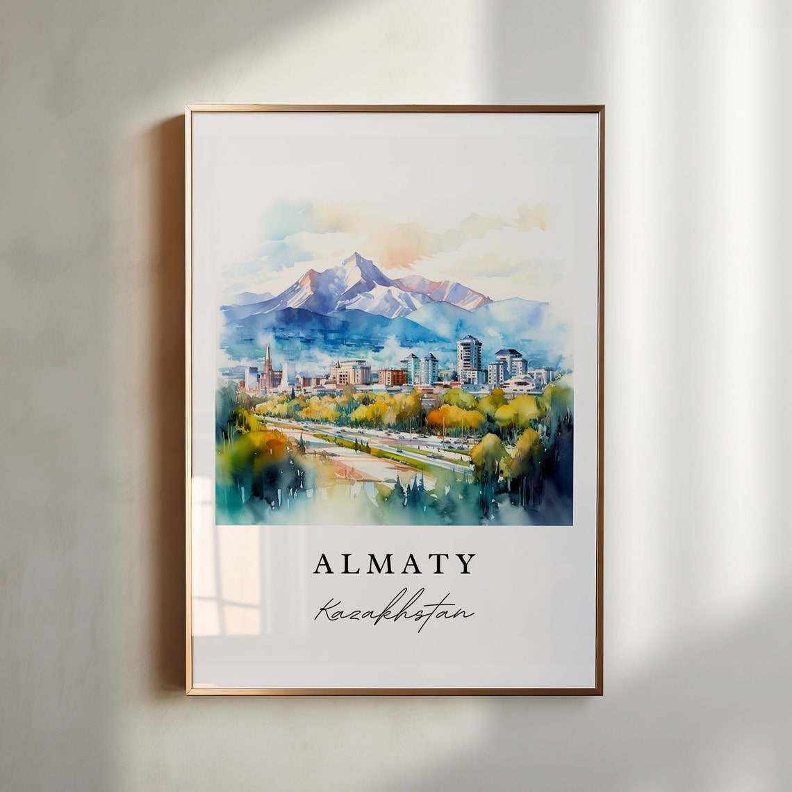 Almaty Kazakhstan Watercolor Art Snow Capped Mountain Skyline Poster
