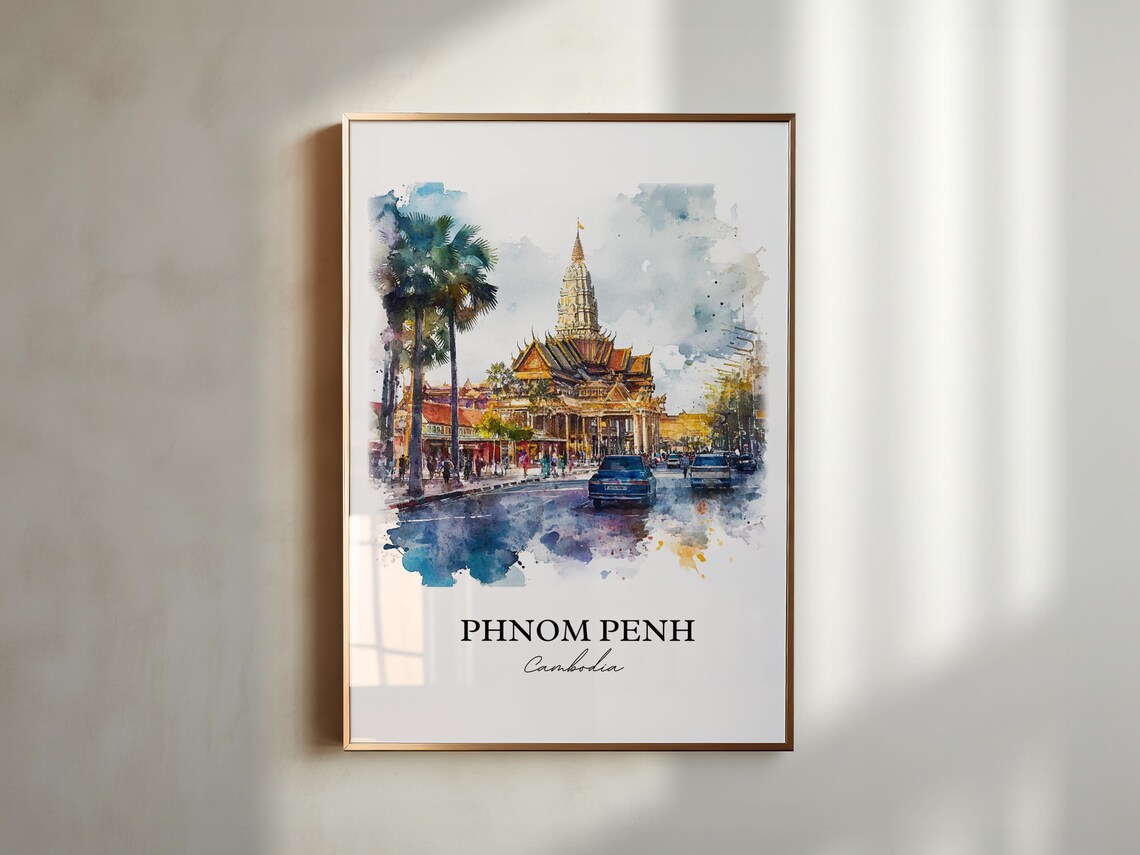 Phnom Penh Cambodia Watercolor Golden Temple Street Scene Poster - Image 5