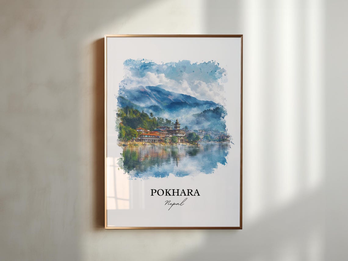 Pokhara Nepal Watercolor Lakeside Temple Mountain View Poster - Image 5
