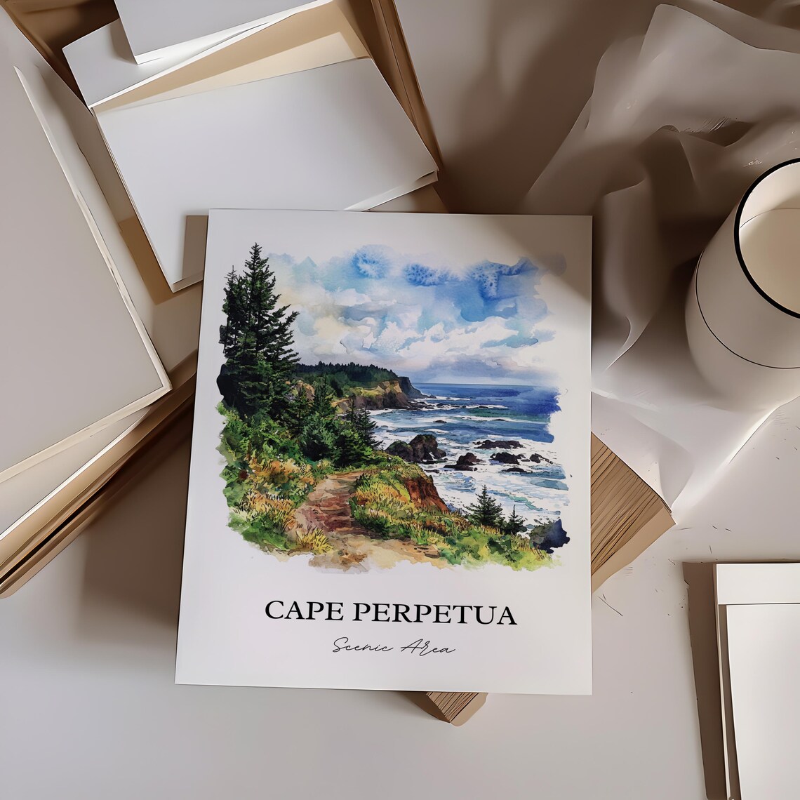 Cape Perpetua Oregon Scenic Area Watercolor Coastal Cliffs Poster - Image 5