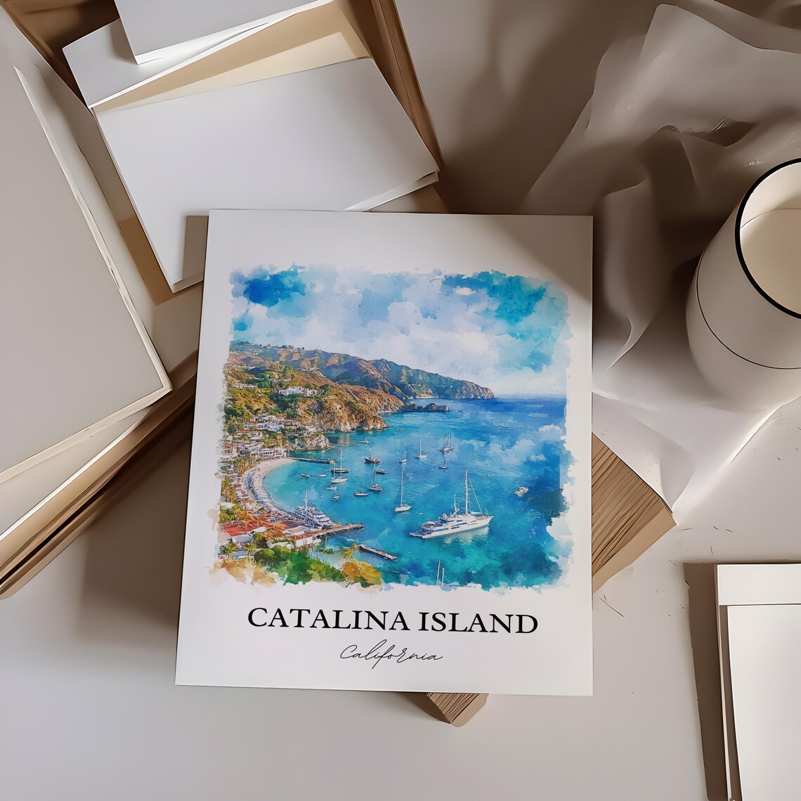 Catalina Island California Sailboat Harbor Watercolor Travel Poster - Image 3