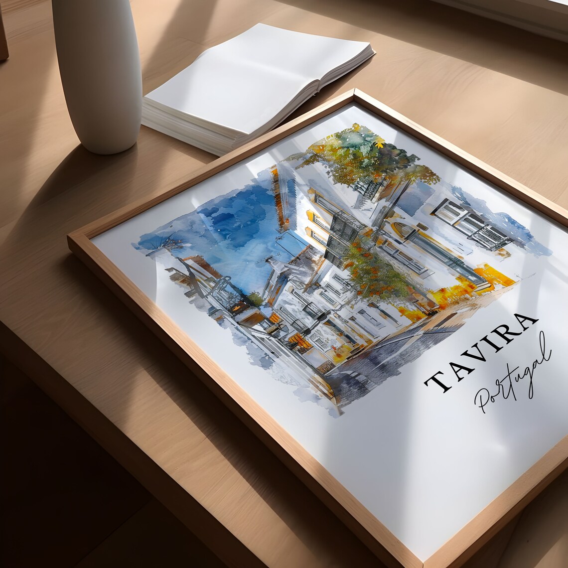 Tavira Portugal Algarve Whitewashed Street Watercolor Poster - Image 5