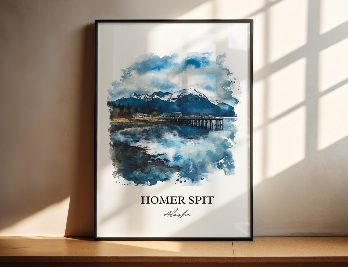 Homer Spit Alaska Pier Watercolor Mountain Harbor Travel Poster
