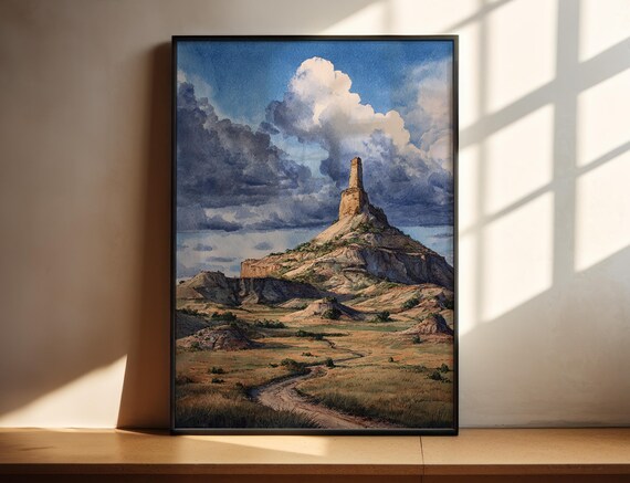 Chimney Rock Nebraska Watercolor Historic Prairie Rock Spire Landmark Poster