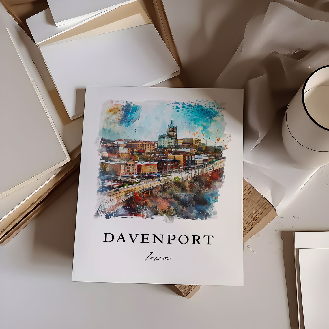 Davenport Iowa Watercolor Downtown Skyline Clock Tower Poster - Image 6