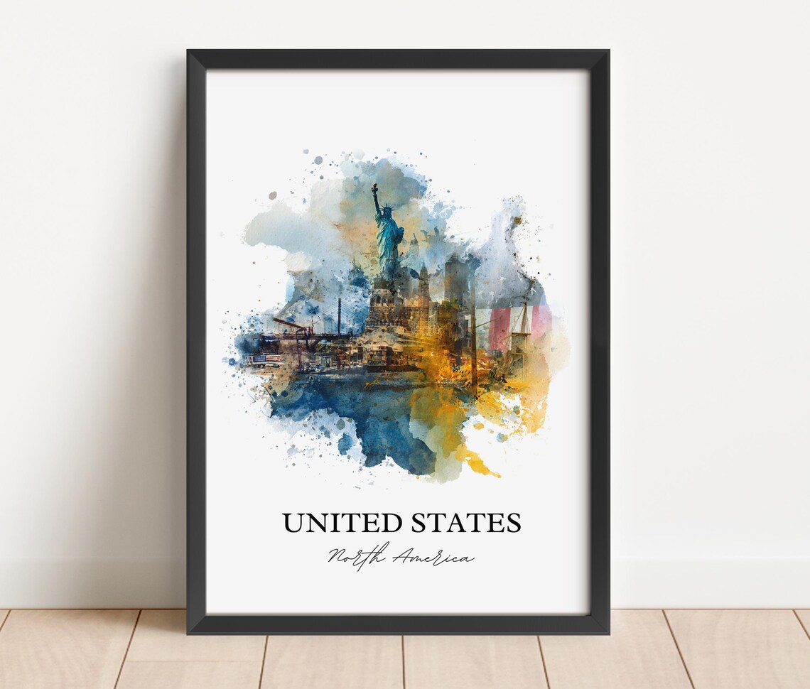 United States Statue of Liberty Skyline Watercolor Art Poster - Image 4
