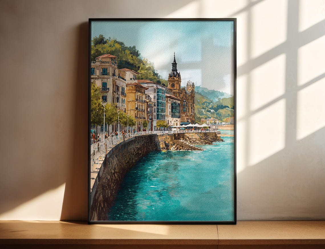 San Sebastian Spain Waterfront Promenade Watercolor Travel Poster