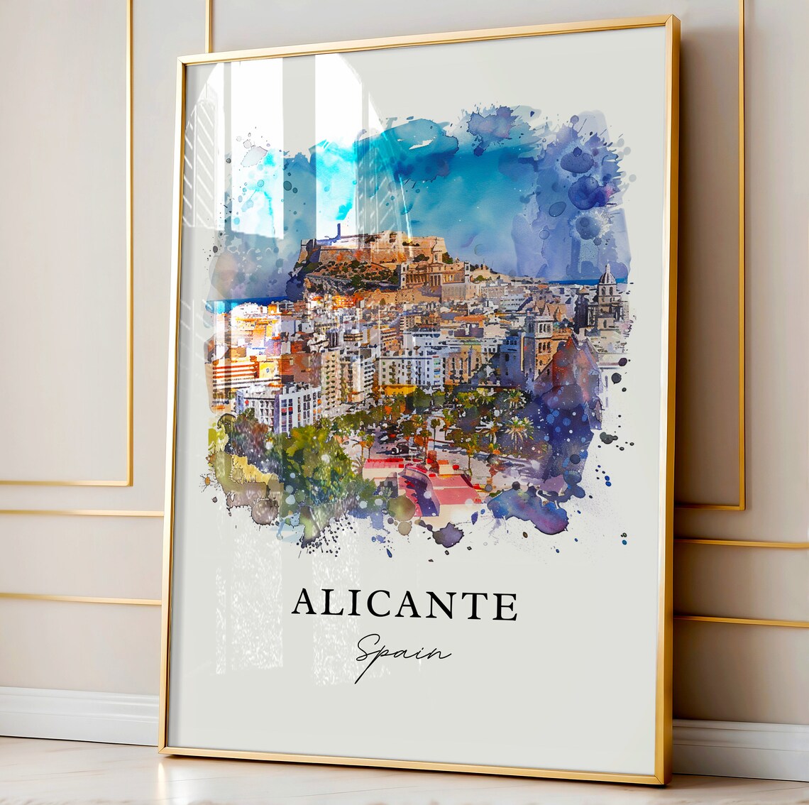 Alicante Spain Hilltop Castle City Panorama Watercolor Poster - Image 4