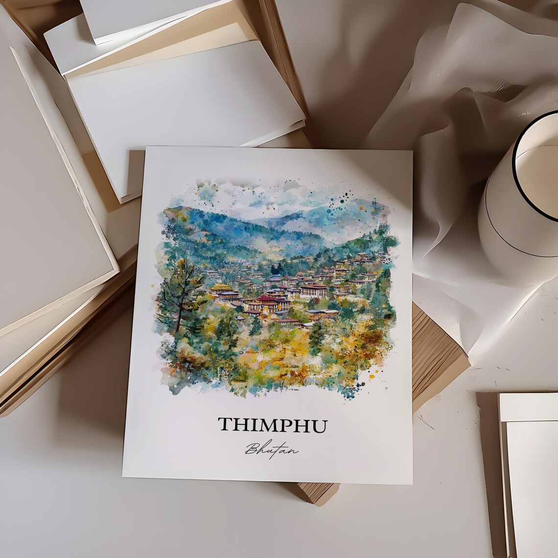 Thimphu Bhutan Watercolor Mountain Valley Town Himalayan Scene Poster - Image 3