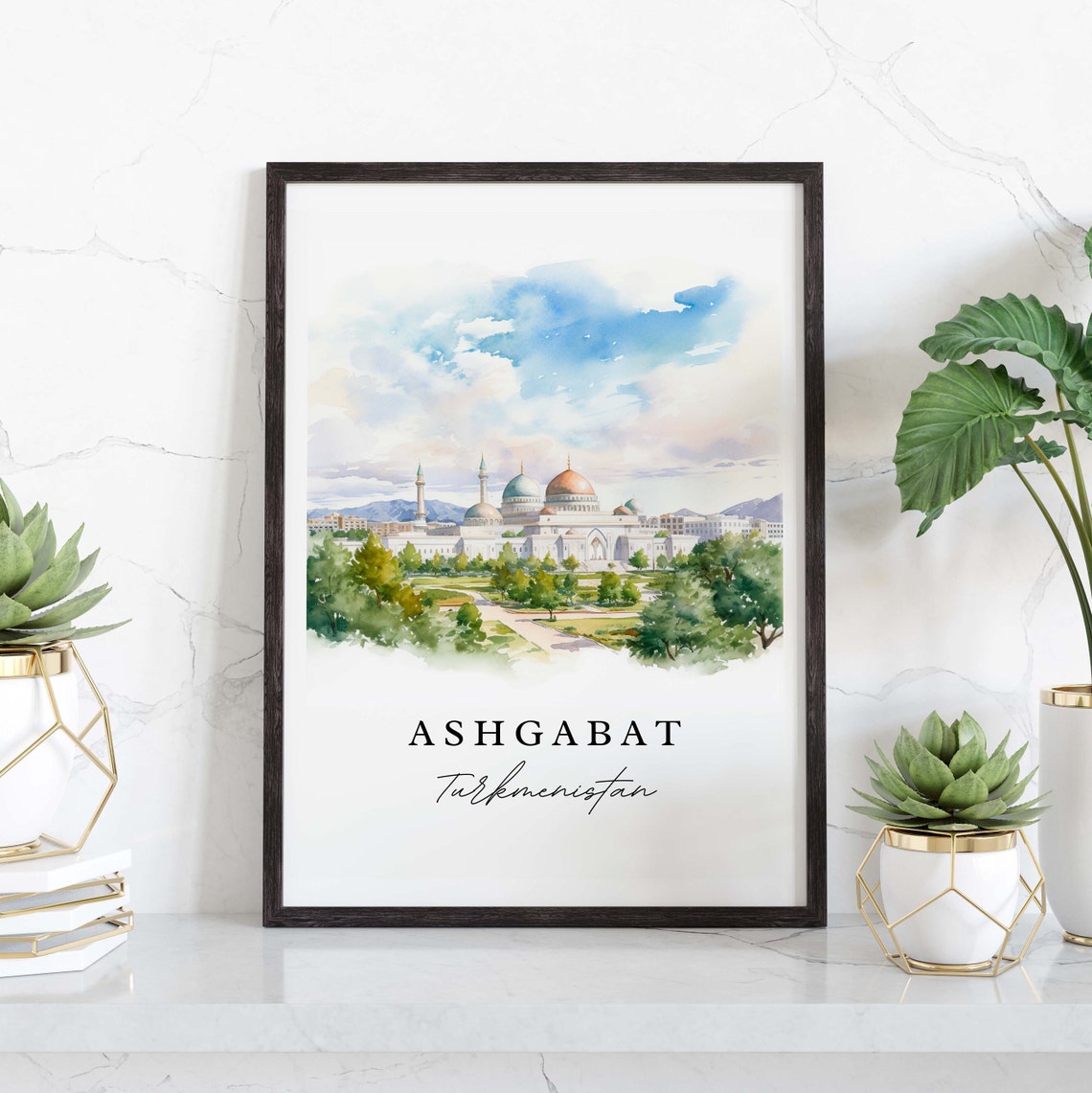 Ashgabat Turkmenistan Watercolor Grand White Mosque City Poster - Image 3