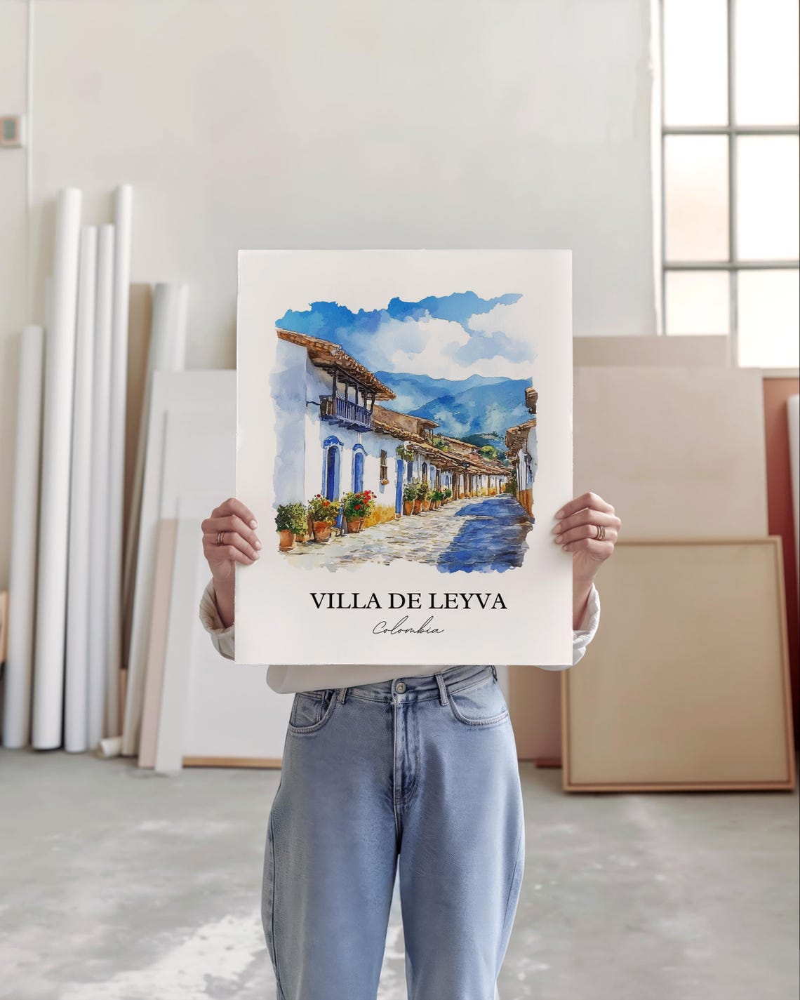 Villa de Leyva Colombia Cobblestone Street Watercolor Poster - Image 3