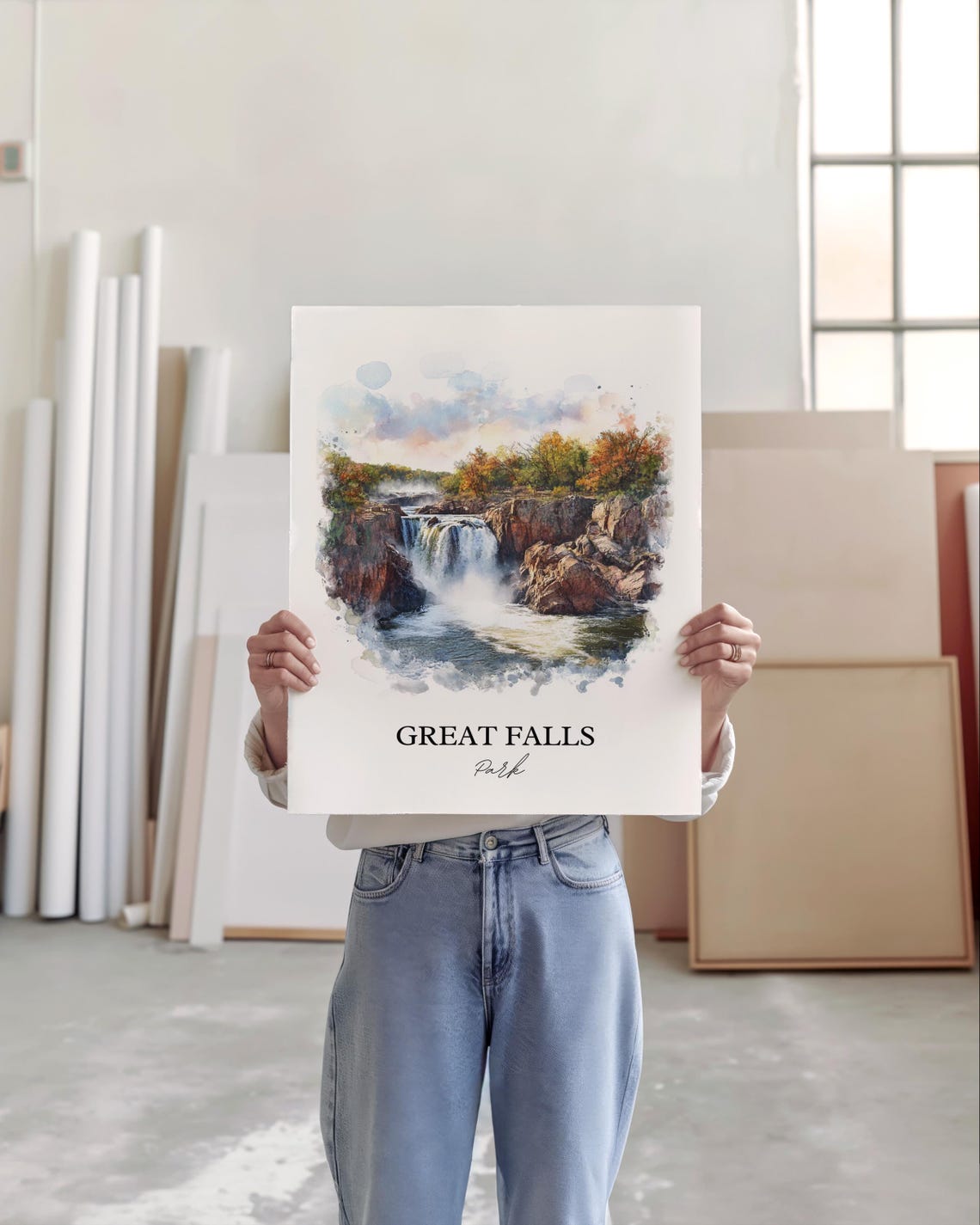 Great Falls Park Watercolor Waterfall Rocky Gorge Autumn Trees Poster - Image 5
