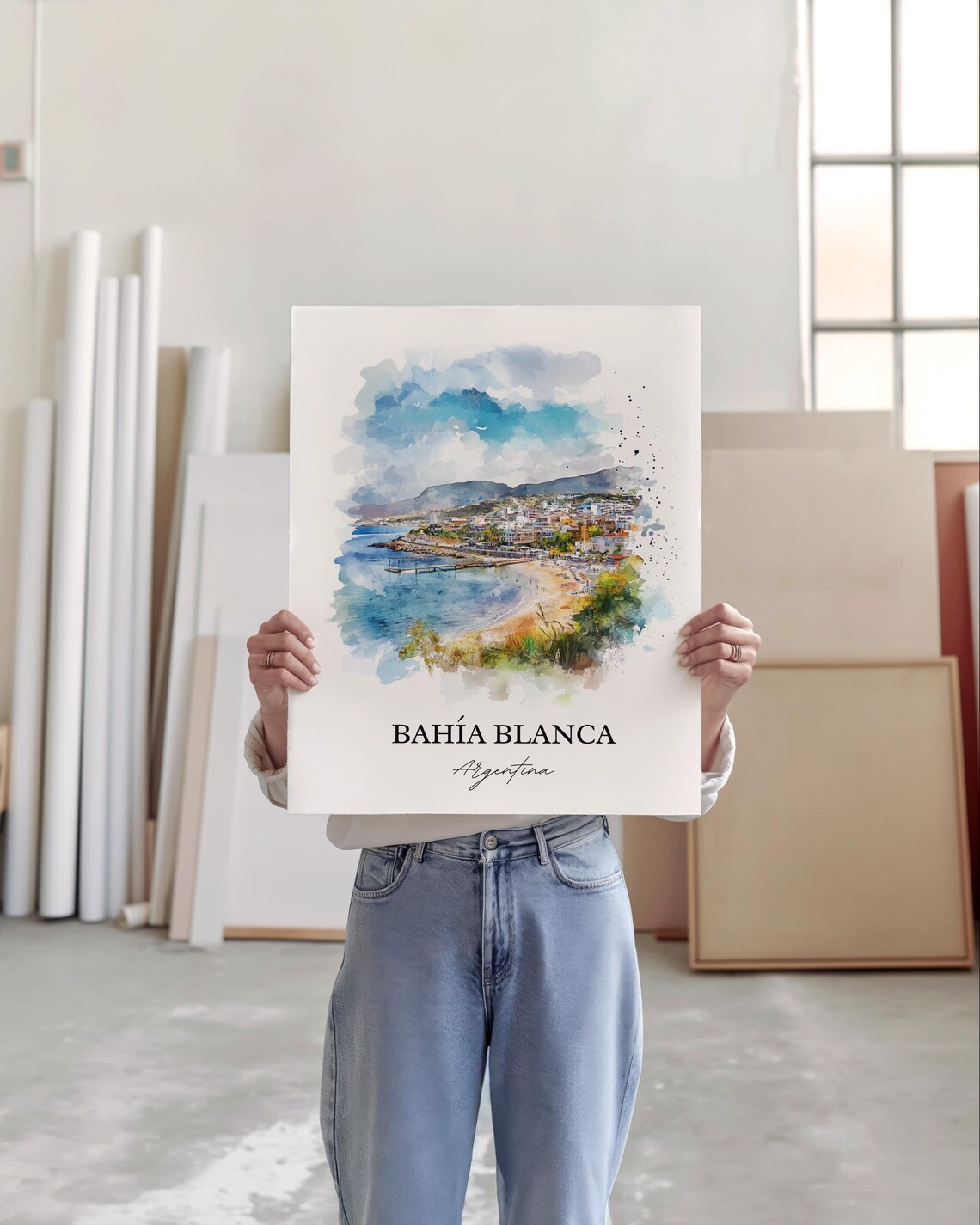 Bahia Blanca Argentina Watercolor Curved Bay Beach Scene Poster - Image 3