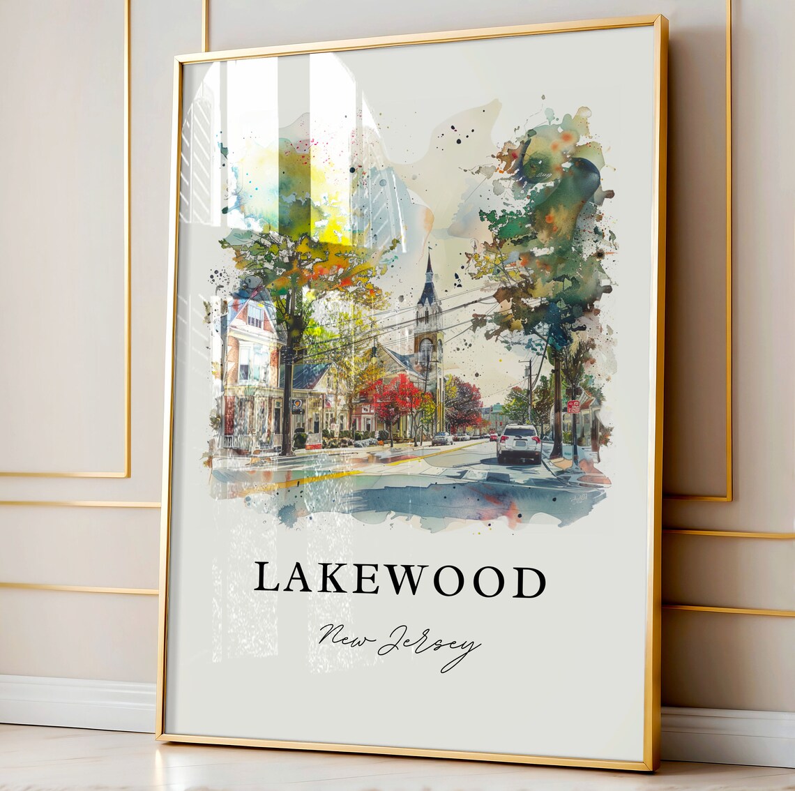 Lakewood New Jersey Watercolor Downtown Street Church Poster - Image 4